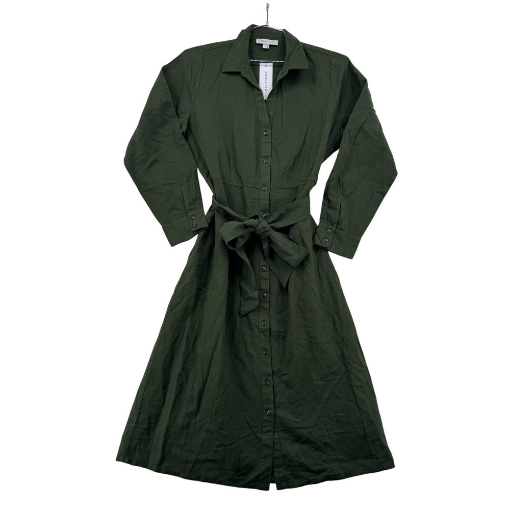 NWT Amour Vert Joyce Shirt Dress Womens Large Olive Green Cotton Linen